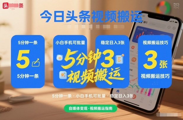今日头条视频搬运，5分钟一条，小白手机可批量，稳定日入3张_菜菜笔记