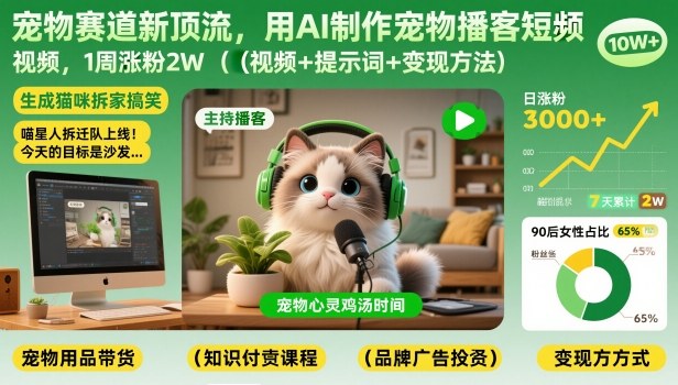 宠物赛道新顶流，用AI制作宠物播客短视频，1周涨粉2W（视频+提示词+变现方法）_菜菜笔记