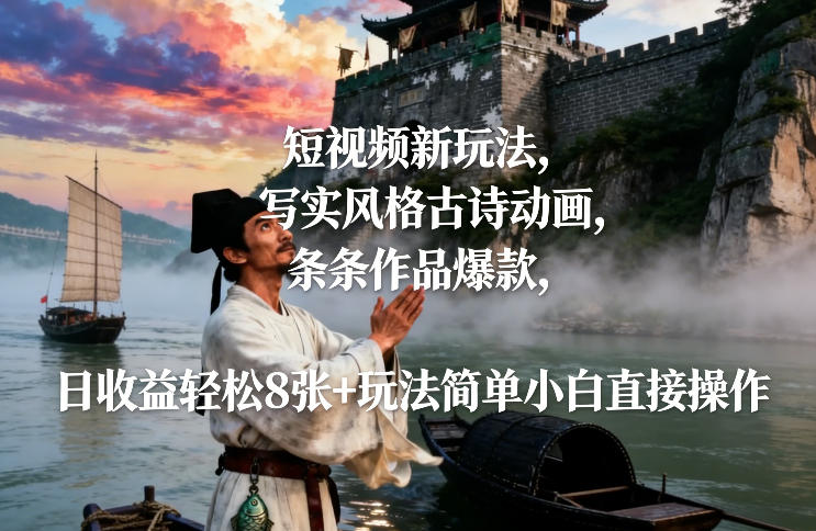 短视频新玩法，写实风格古诗动画，条条作品爆款，日收益轻松8张+玩法简单小白直接操作_菜菜笔记