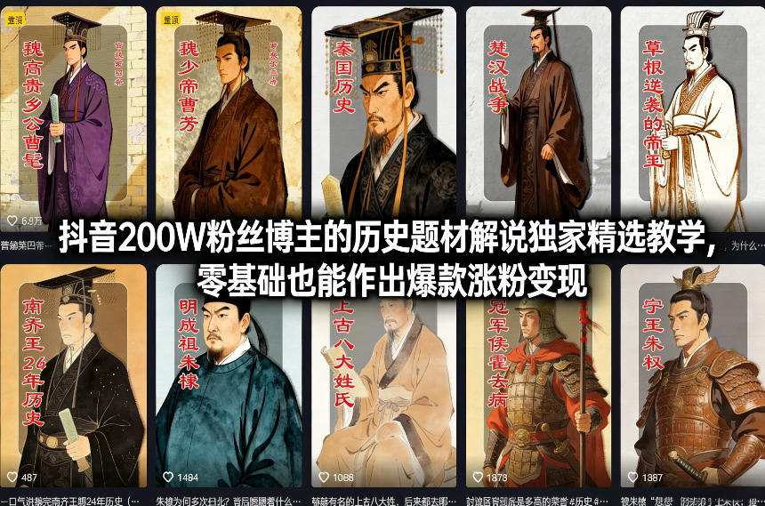 抖音200W粉丝博主的历史题材解说独家精选教学，零基础也能作出爆款涨粉变现_菜菜笔记