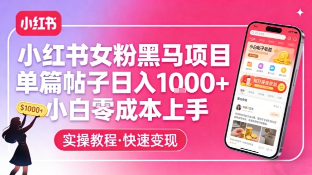 小红书女粉黑马项目，单篇帖子日入1k+，小白零成本上手_菜菜笔记
