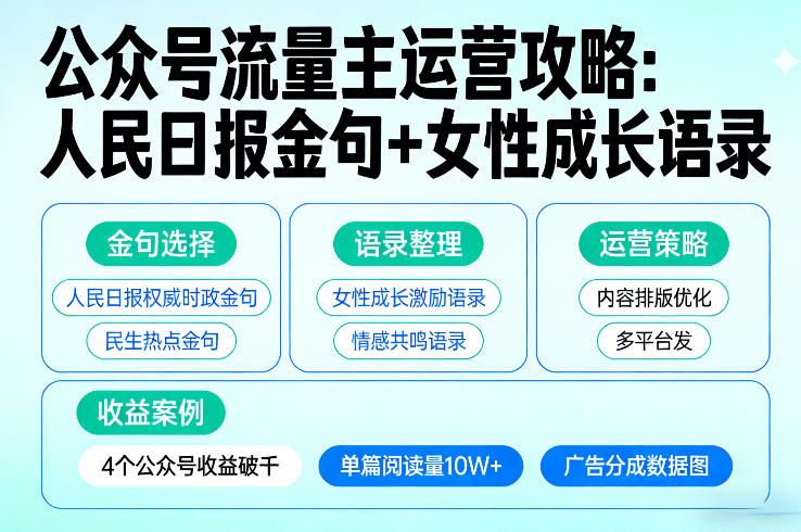 利用人民日报金句+女性成长语录做公众号流量主，4个公众号收益破千_菜菜笔记